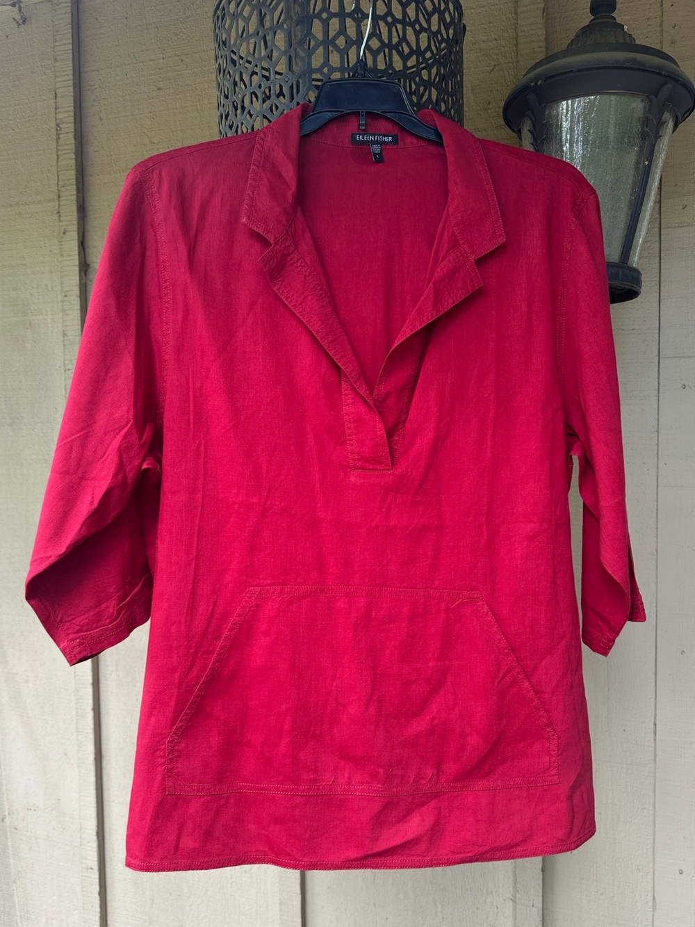 Eileen Fisher Red V-Neck Pullover Tunic with Kangaroo Pocket